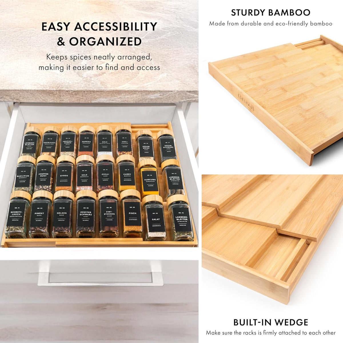 Bamboo Spice Drawer Organizer - Expandable 4 Tier Spice Rack (Need 3" Deep Drawer) 12" to 24" Wide