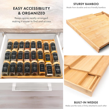 Bamboo Spice Drawer Organizer - Expandable 4 Tier Spice Rack (Need 3" Deep Drawer) 12" to 24" Wide