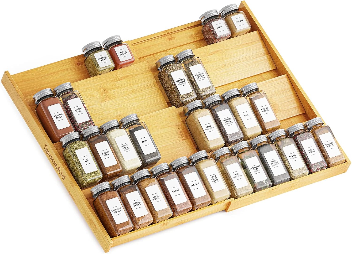 SpaceAid Bamboo Spice Drawer Organizer, (Need 3" Deep Drawer) Expandable 4 Tier Spices Rack for