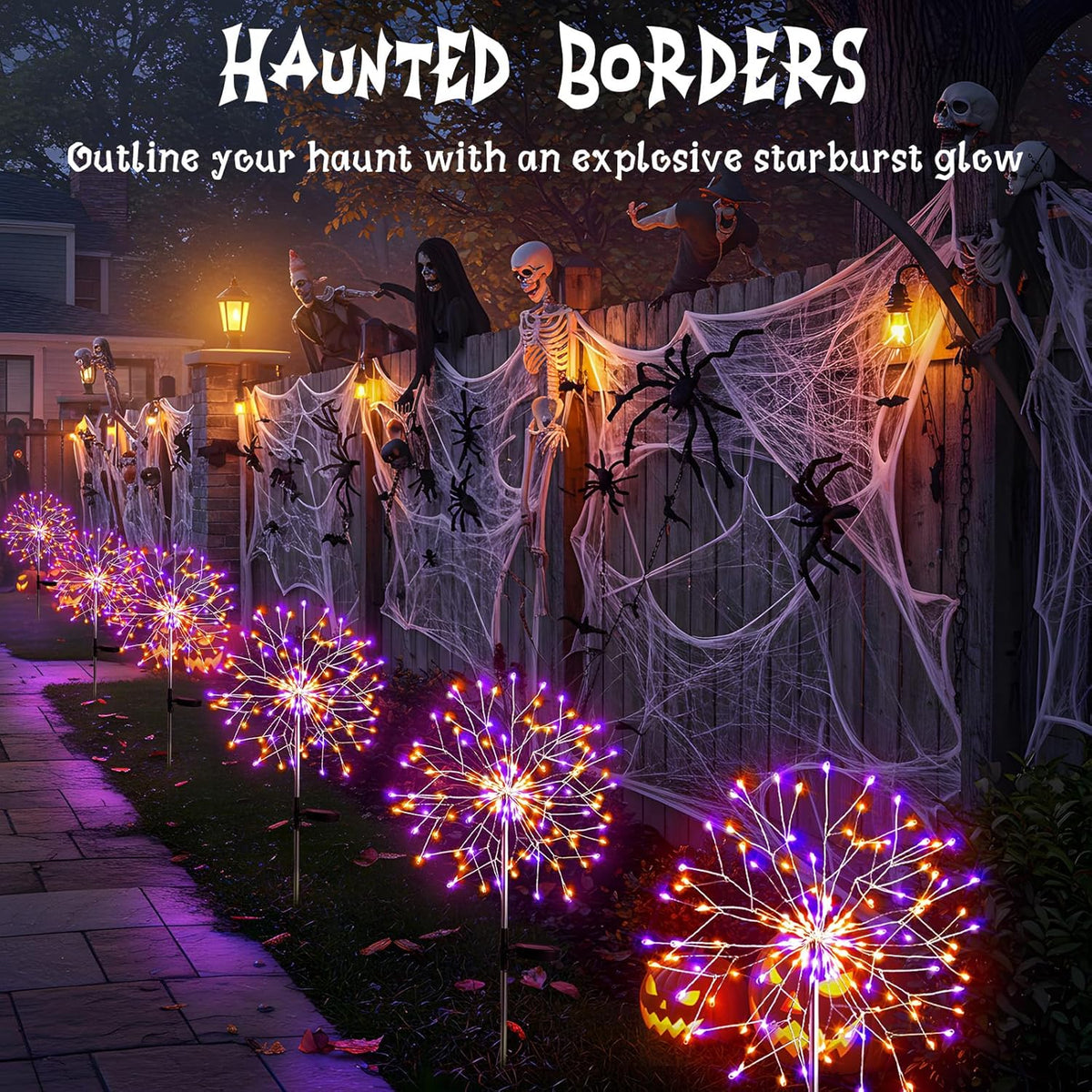suddus Solar Halloween Lights Outdoor Solar Powered, Upgrade 2-Pack Orange & Purple Solar Firework