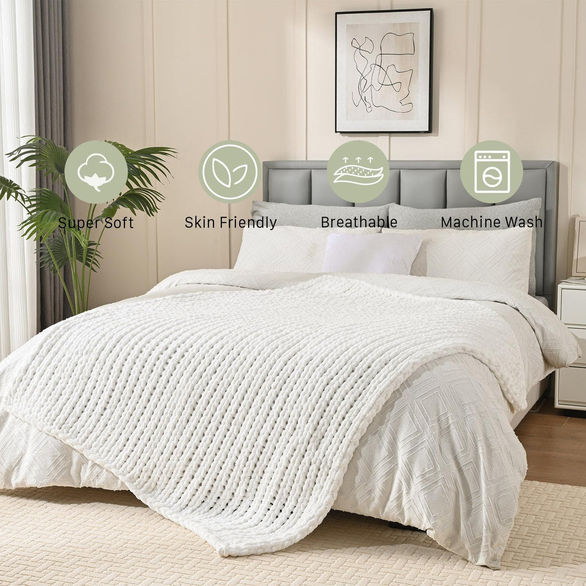 Esterra 100% Hand Knitted Chenille Throw Blanket, 50"x60", White, Polyester, Chunky Knit, Throw
