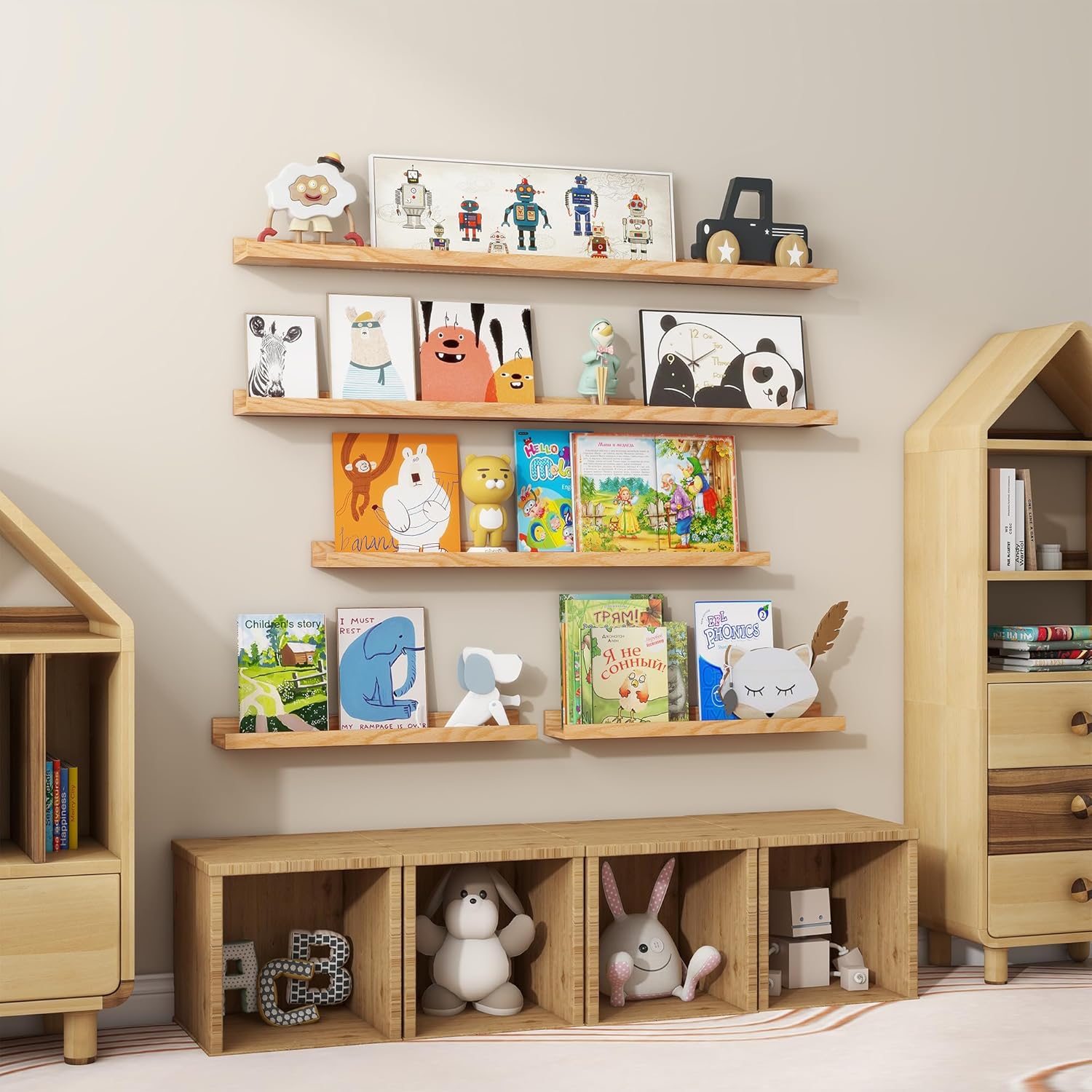 Floating Picture Ledge Shelves 48 Inch Solid Oak Wood Set of 2, Rustic Wall Storage Shelves with