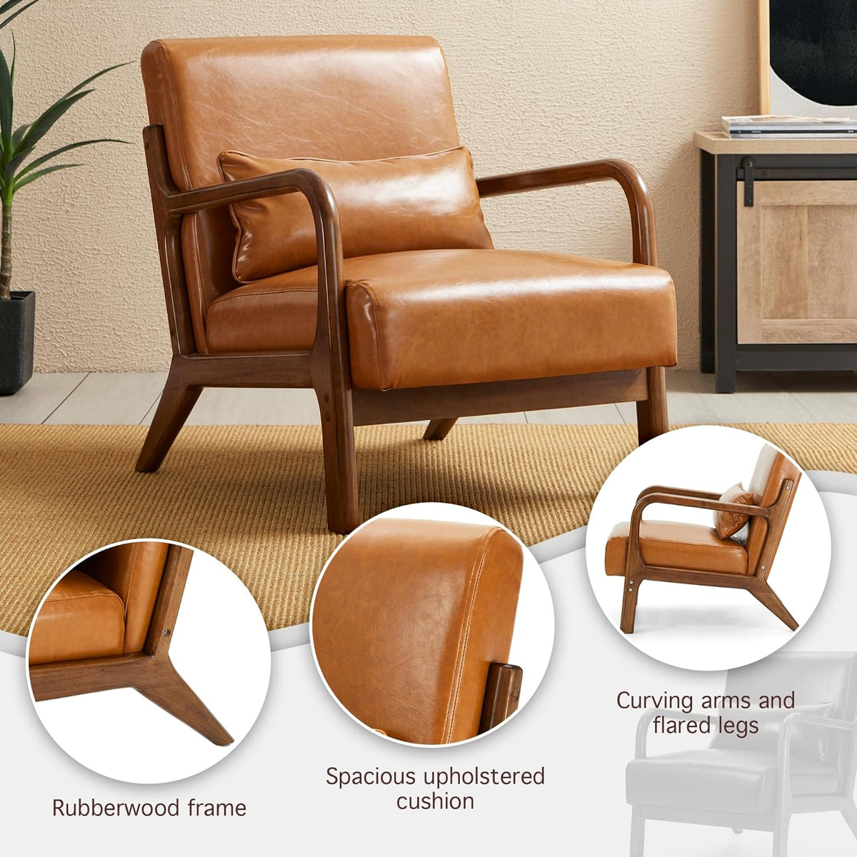 Glitzhome 2 Set Mid Century Yellowish Brown Accent Armchair, Single Reading Armchair PU Leather