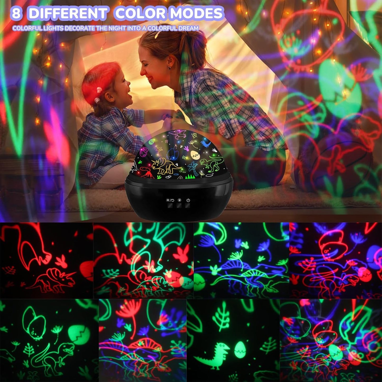 MINGKIDS Night Light for Kids,2 in 1 Rotating Projector Lamp with Dino&Vehicles Theme,2 Ways to