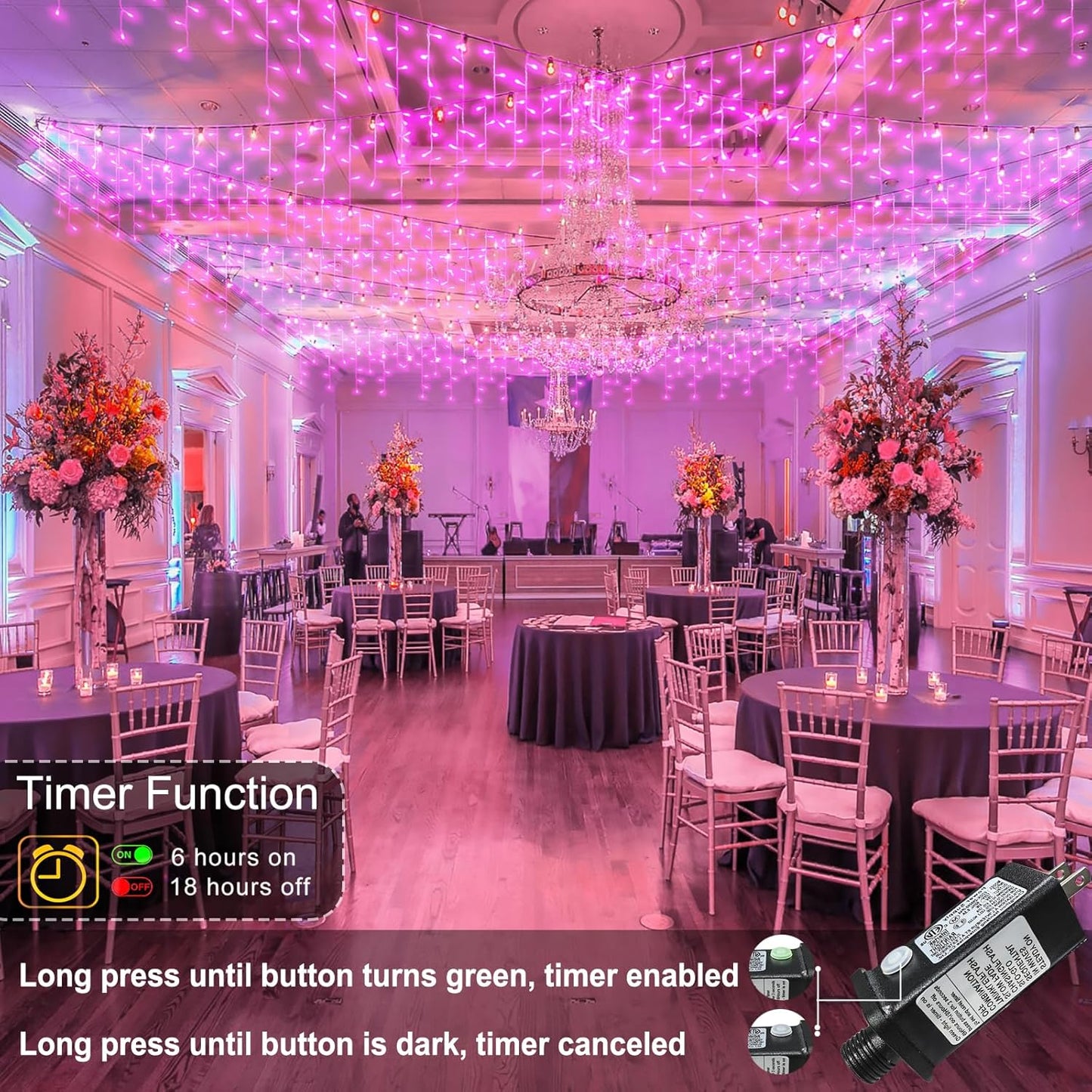 Pink Christmas Lights Outdoor, 33ft 400 LED Icicle Lights for Outside Clear Wire Connectable