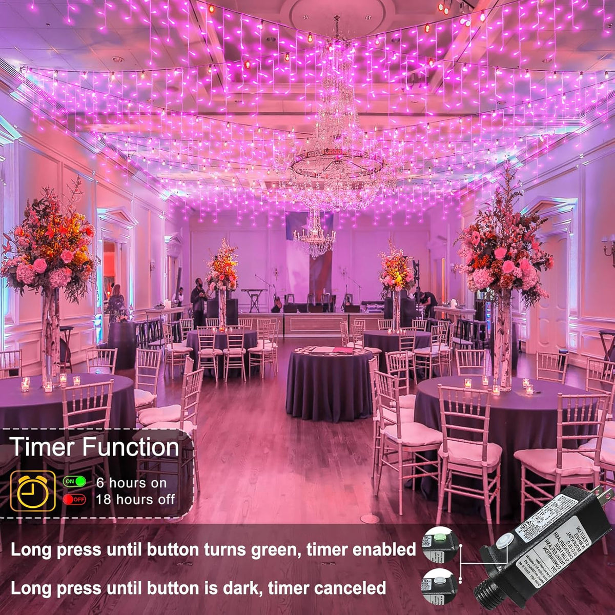 66ft Pink LED Icicle String Lights Indoor for Bedroom, 640 LED Patio Lights for Outside Clear Wire
