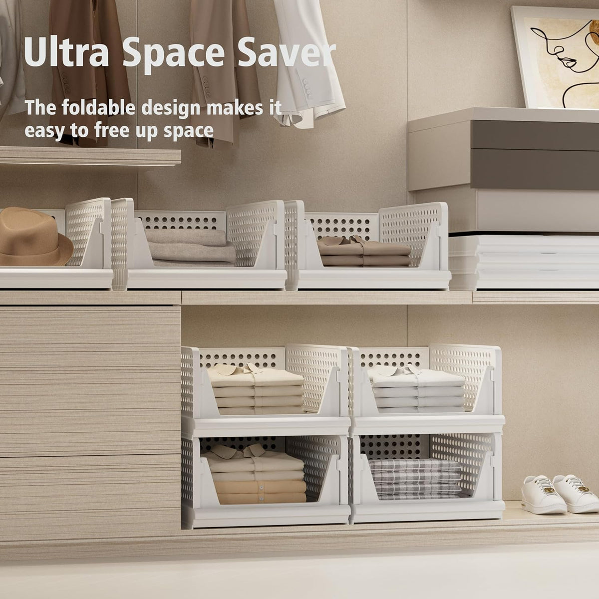 5 Pack Stackable Plastic Storage Basket Closet Organizer Bin Foldable Clothes Organizer Storage