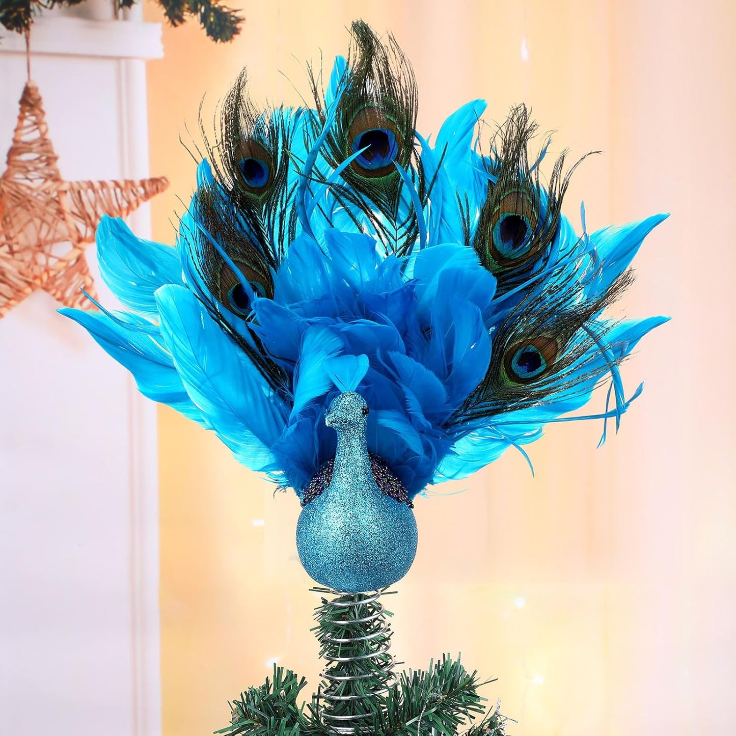 Retisee 15-Inch Christmas Peacock Tree Topper - Artificial Feather Glitter Blue Ornament for Indoor