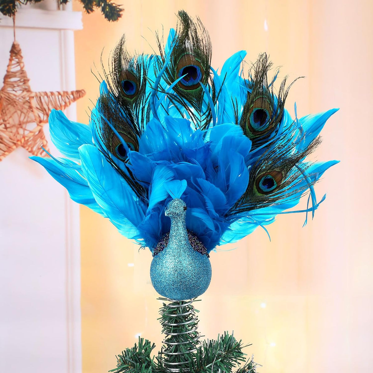 Retisee 15-Inch Christmas Peacock Tree Topper - Artificial Feather Glitter Blue Ornament for Indoor