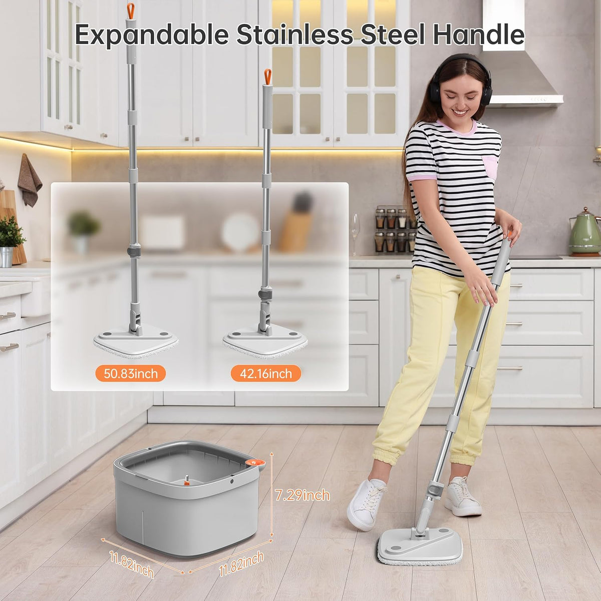 KZKR Spin Mop and Bucket Set with Self Separation Dirty and Clean Water System, Self Wringing 360°