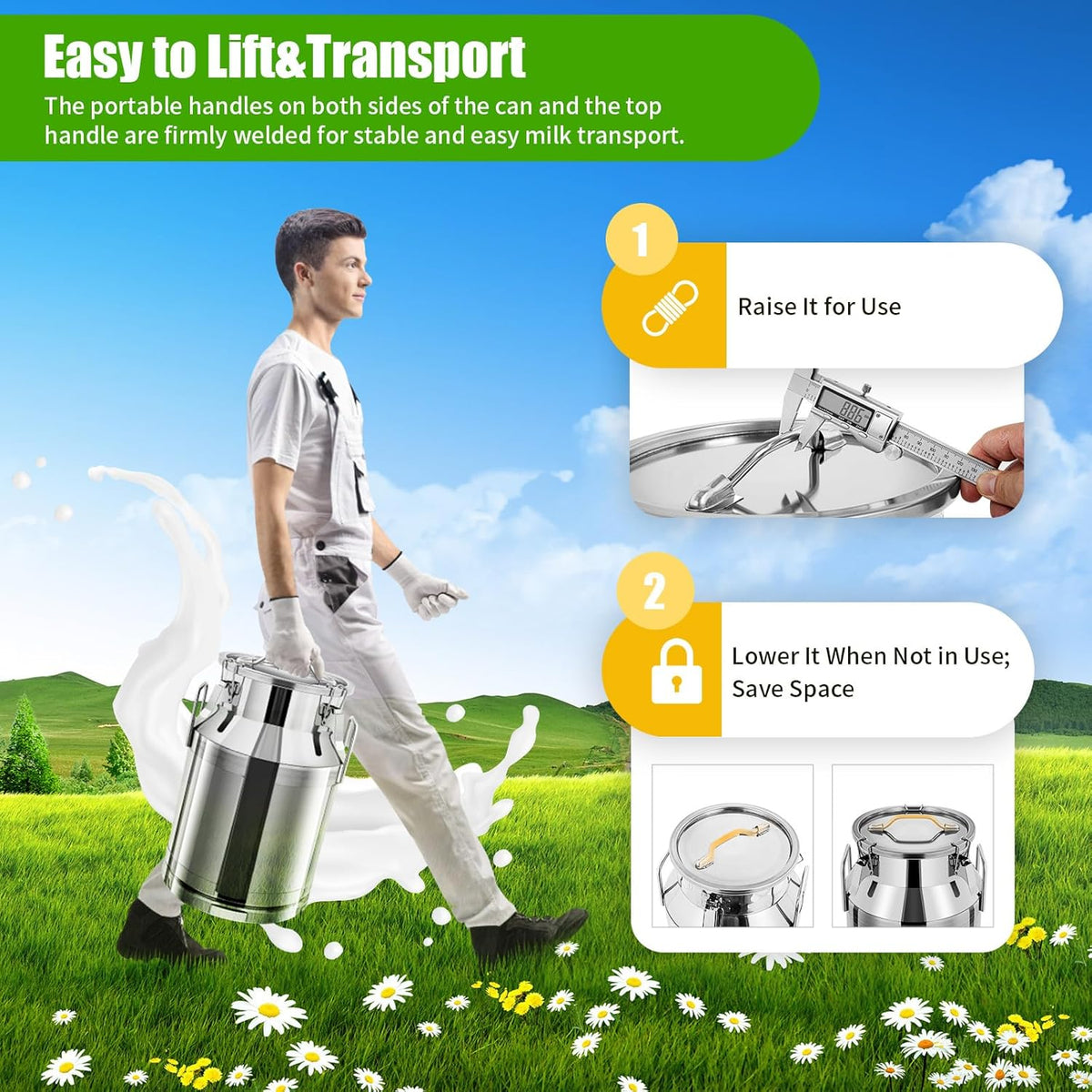 Stainless Steel Milk Can, 30L/7.9 Gallon Heavy Duty Airtight Storage Canister Milk Bucket with Lid