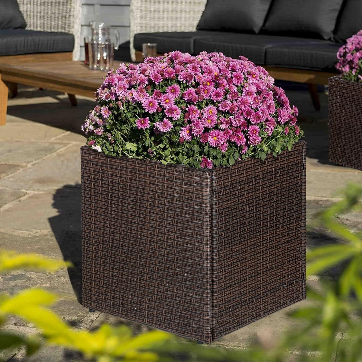 SUNNYPARK Set of 2 Large Square Planter with Removable Liner, All-Weather PE Rattan Modern Planters