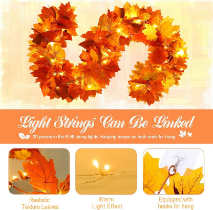 Joyhalo 2 Pack Fall Garland with Lights, Fall Leaves for Mantle, Outdoor Lighted Up Leaf Garland