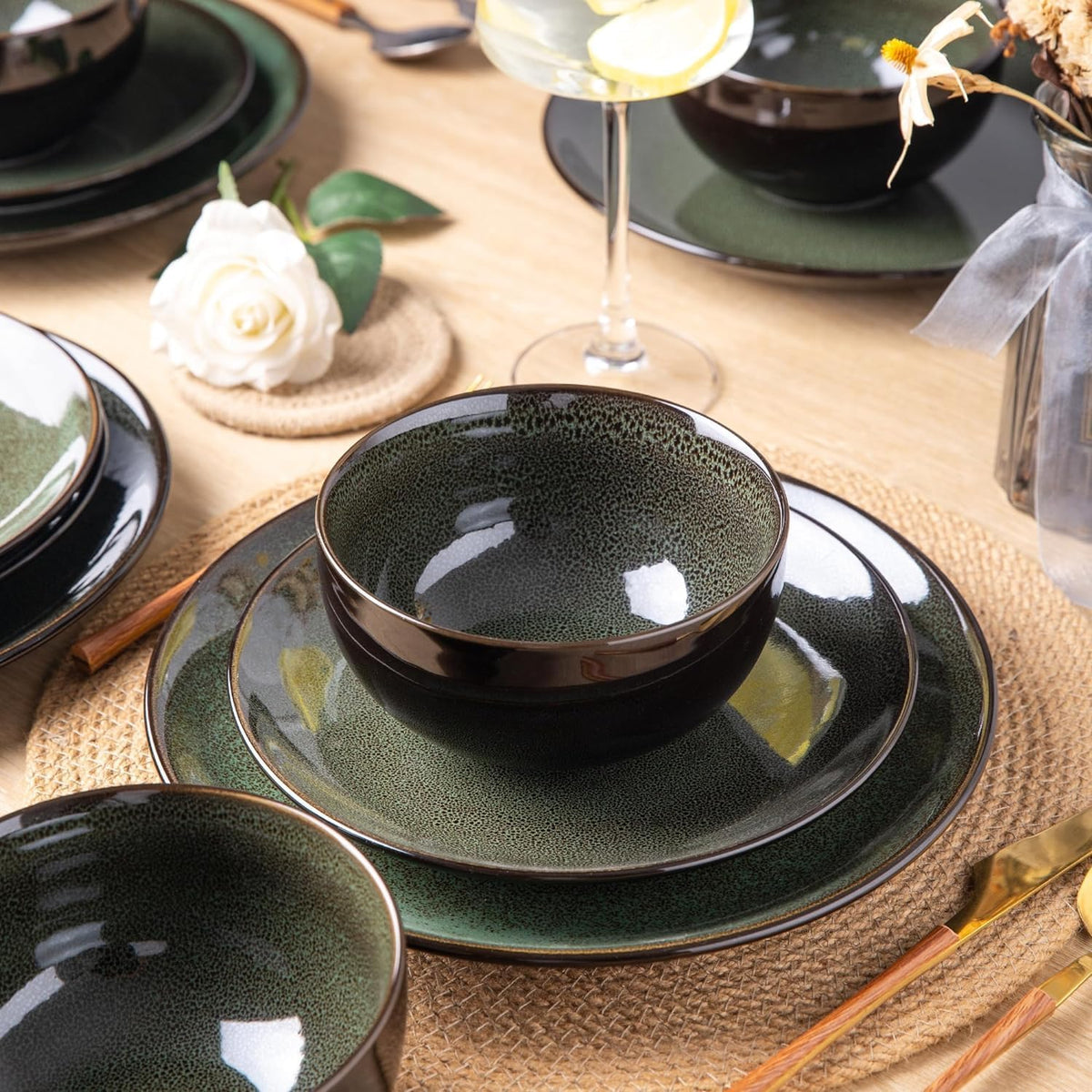 LeRatio Ceramic Dinnerware Sets for 6,Plates and Bowls Sets,Handmade Reactive Glaze Dishes Set,Chip