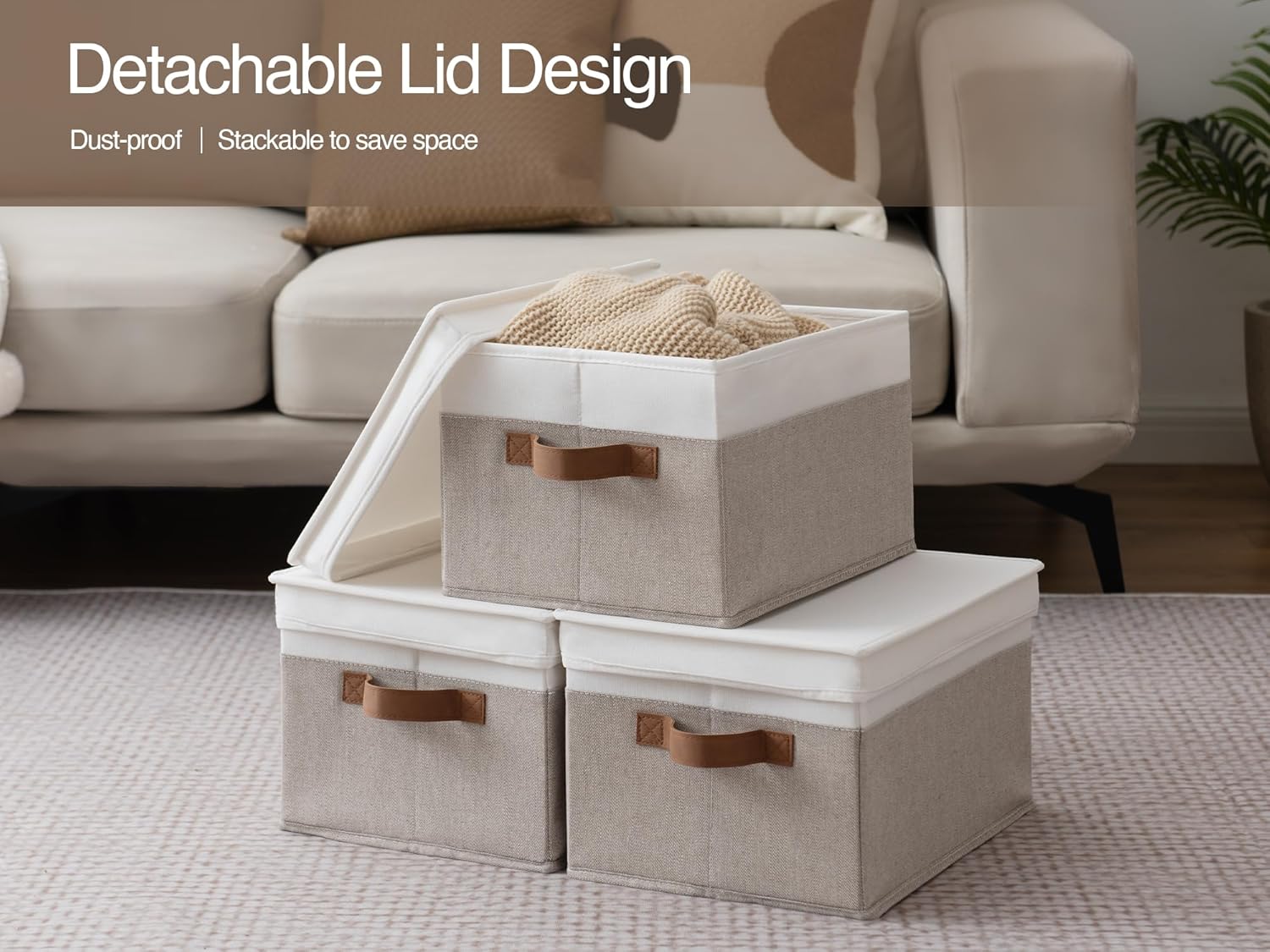 StorageWorks Large Storage Bins with Lids, Decorative Storage Boxes with Lid and PU Handles