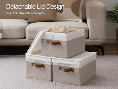 StorageWorks Large Storage Bins with Lids, Decorative Storage Boxes with Lid and PU Handles