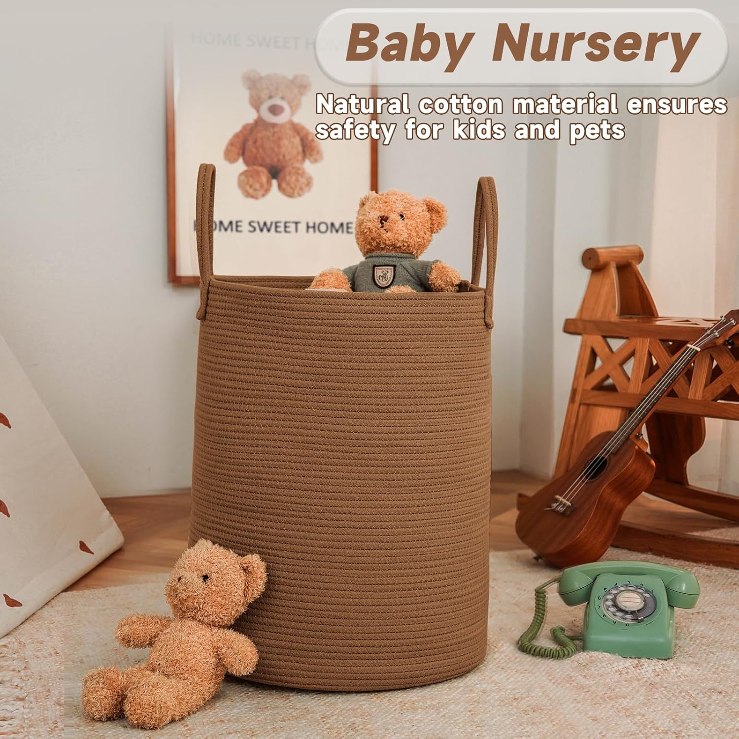 Large Woven Laundry Basket Hamper,60L Cotton Rope Storage Bin for Blankets,Toys and