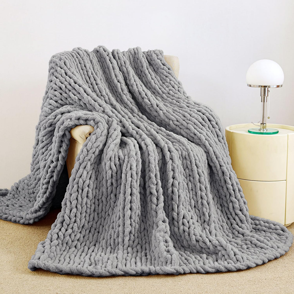 Admitrack Chunky Knit Blanket Throw, 100% Hand Knit Chenille Throw Blanket for Sofa & Home Decor