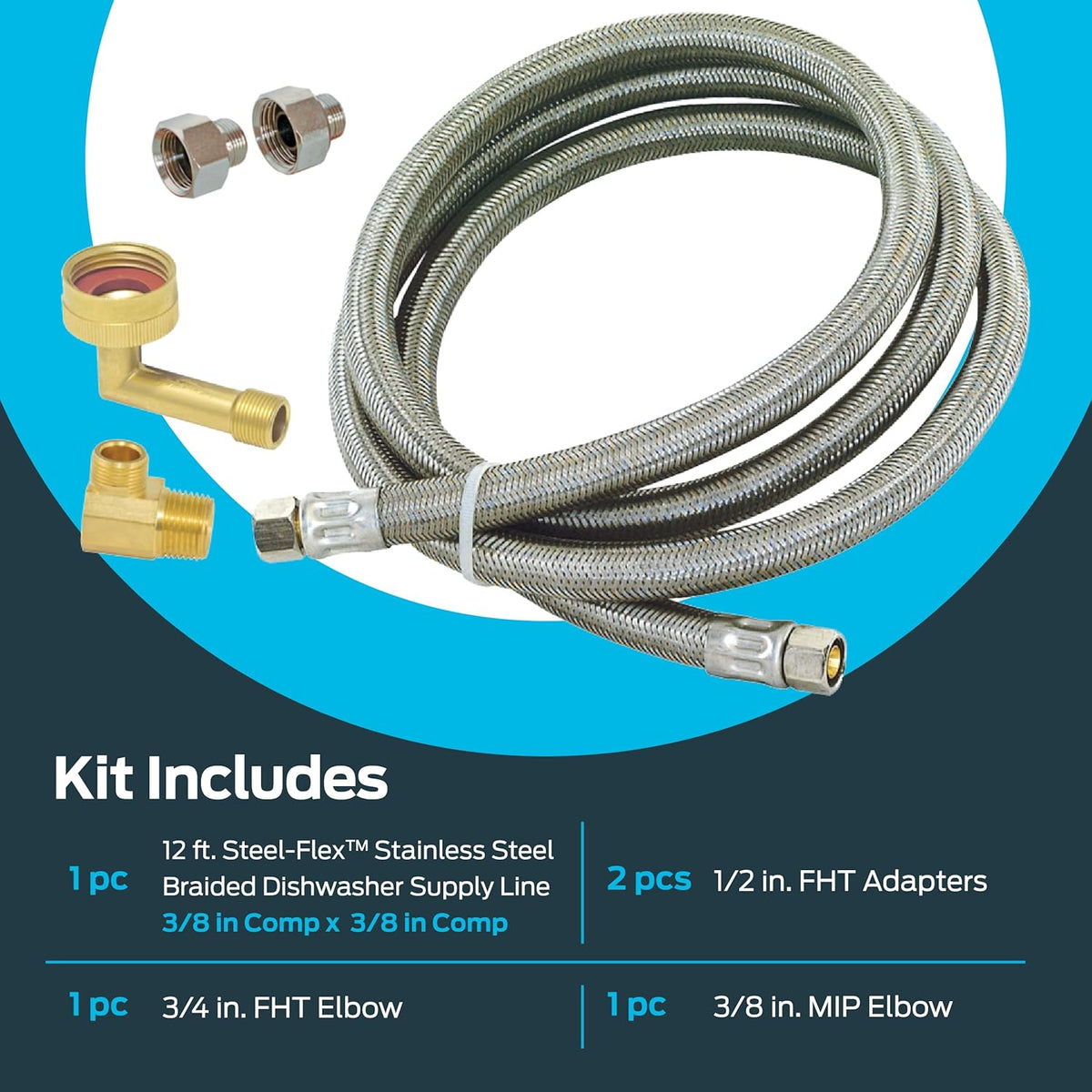 Eastman Dishwasher Installation Kit, 12 Foot Hose with Adapters, 3/8 Inch MIP x 3/4 Inch FHT