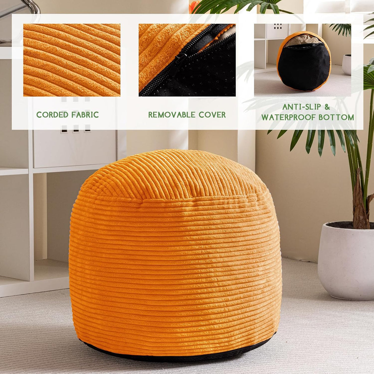 HIGOGOGO Round Stuffed Pouf Ottoman, Corduroy Poufs with Foam Chunk Filling, Furry and Fluffy Pouf