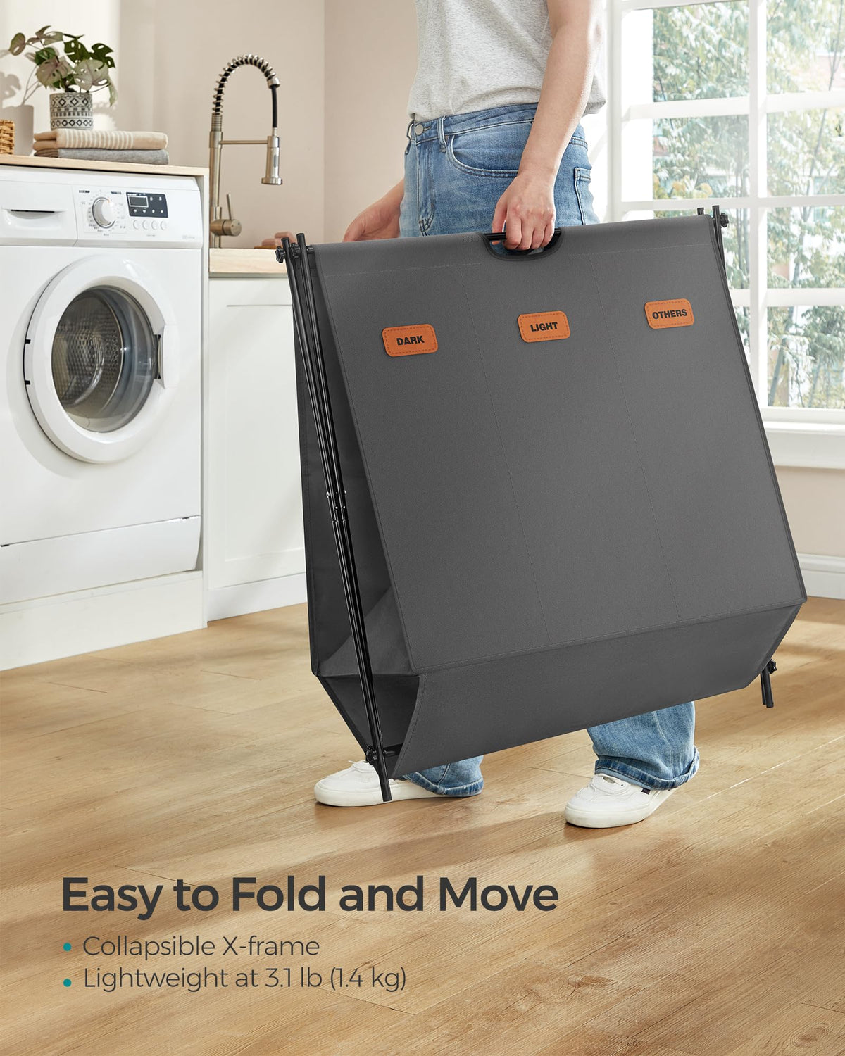 SONGMICS Laundry Hamper, Laundry Basket, 35.7 Gal. Laundry Sorter 3 Sections, Collapsible X-Frame