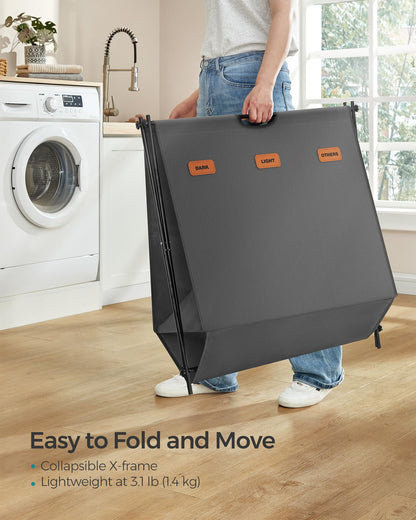 SONGMICS Laundry Hamper, Laundry Basket, 35.7 Gal. Laundry Sorter 3 Sections, Collapsible X-Frame