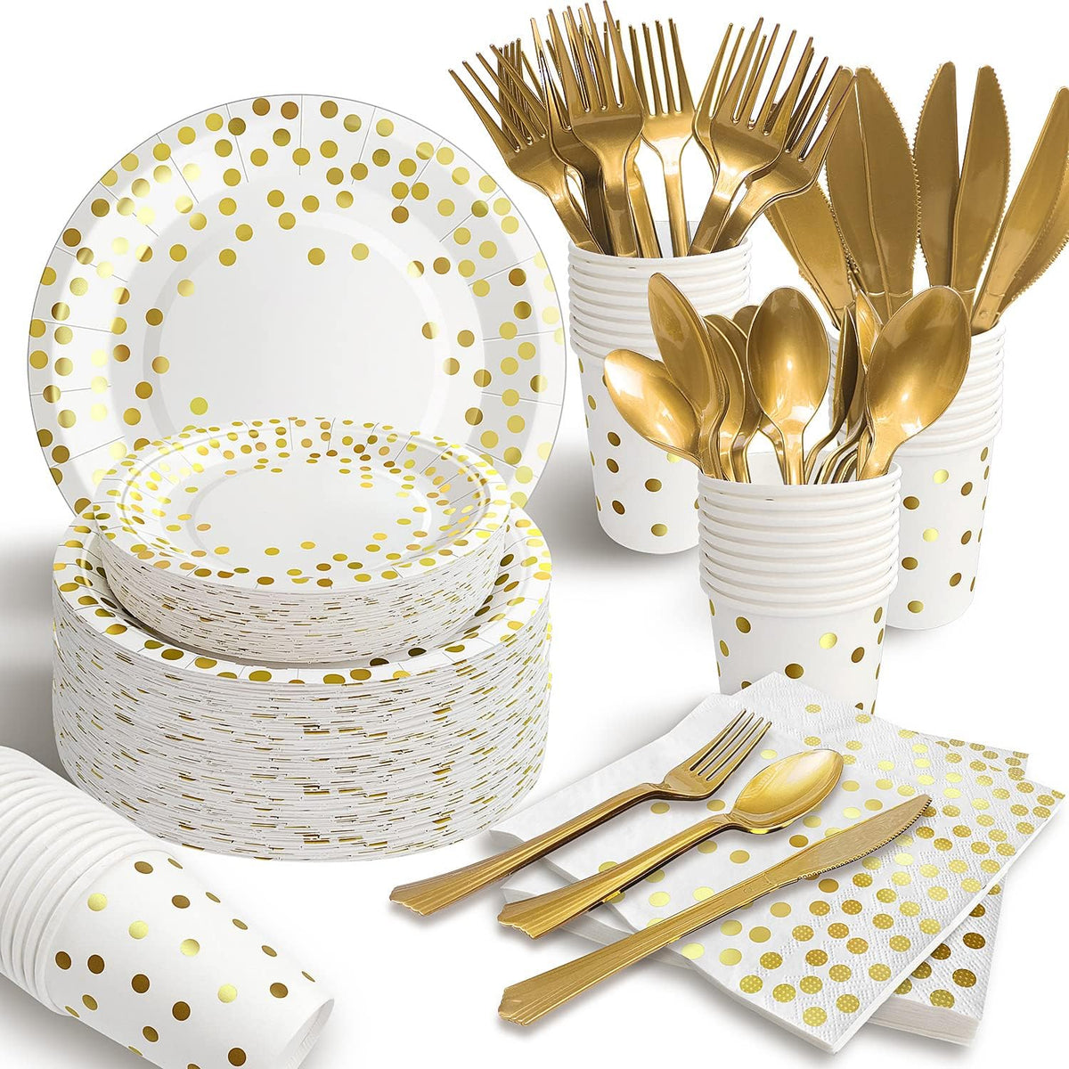 AIRE 350PCS White Gold Paper Plates Party Supplies for 50 Guests Party Decorations Disposable
