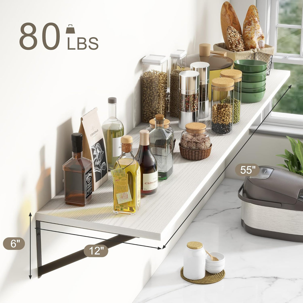 Fun Memories Deep Floating Shelves, 55W x 12D Floating Shelves for Wall, Wood White Floating Shelf
