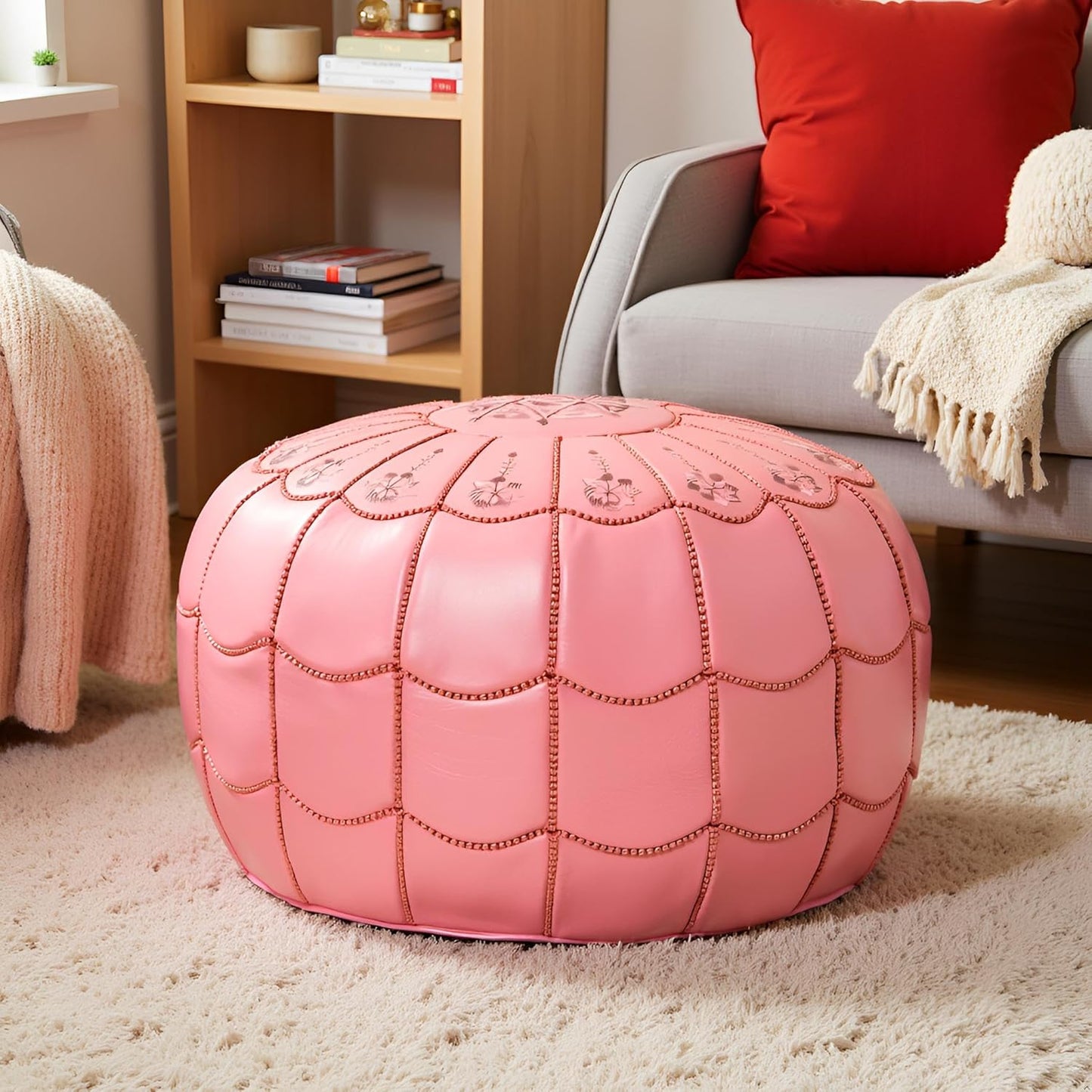 Stuffed Arch Design Moroccan Leather Pouf Ottoman, Handmade, Pre-Filled, 100% Genuine Leather, 14”