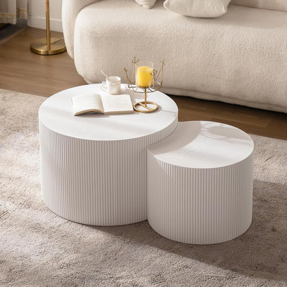 Round Nesting Coffee Table Set of 2 Modern White Fluted Coffee Table Small Round End Table Crescent