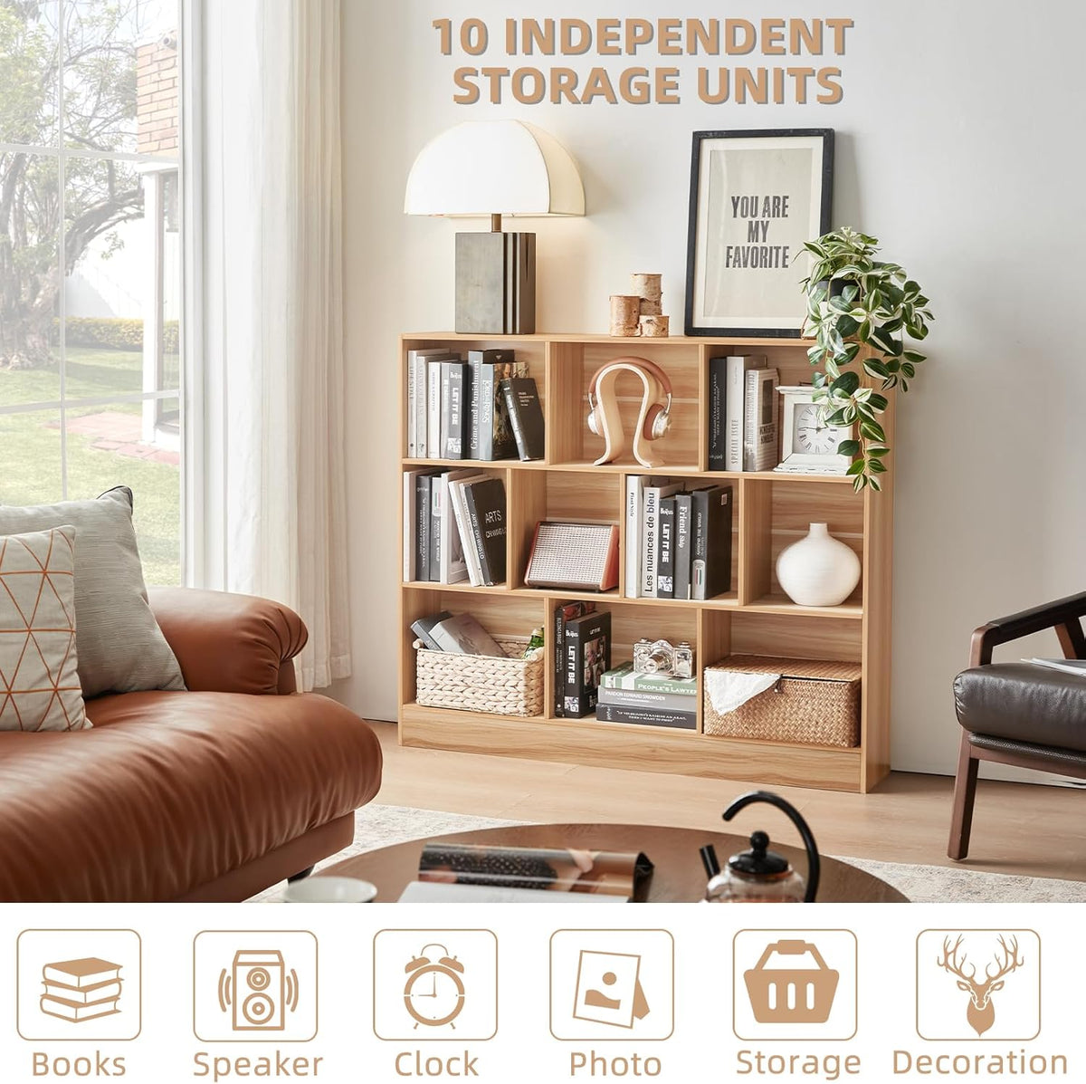 LEYAOYAO 10 Cube Bookshelf with Base,3 Tier Mid-Century Modern Grey Bookcase,Standing Wide