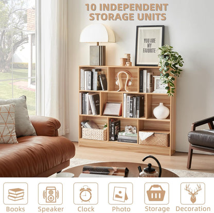 LEYAOYAO 10 Cube Bookshelf with Base,3 Tier Mid-Century Modern Grey Bookcase,Standing Wide