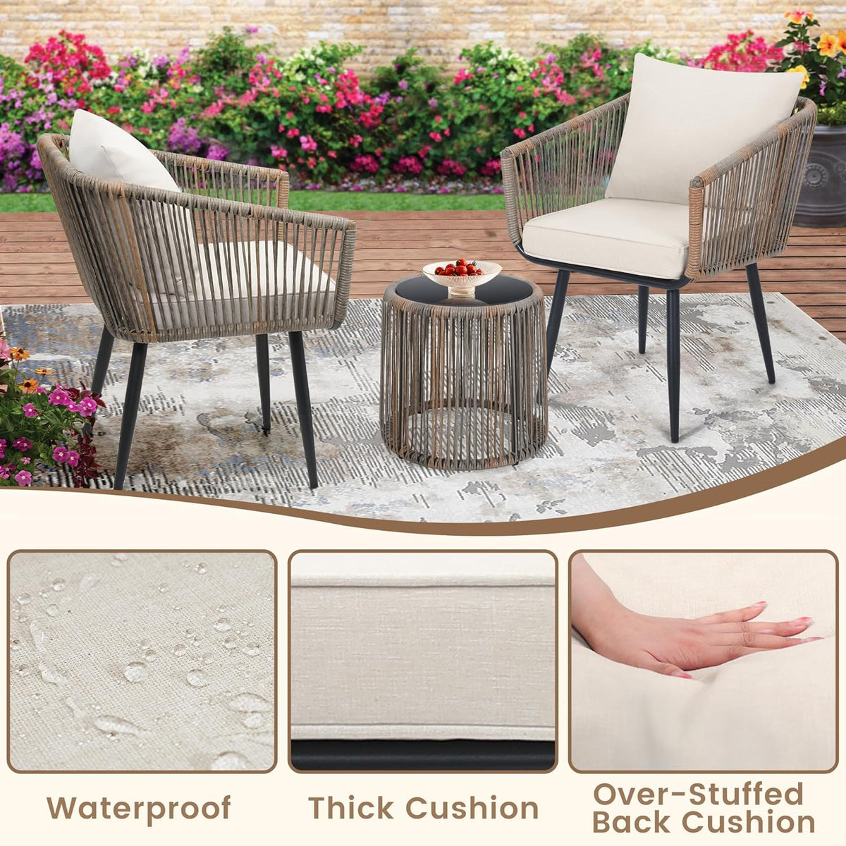 Kromax 3 Pieces Patio Rattan Bistro Conversation Set, Outdoor All-Weather Wicker Furniture Chairs