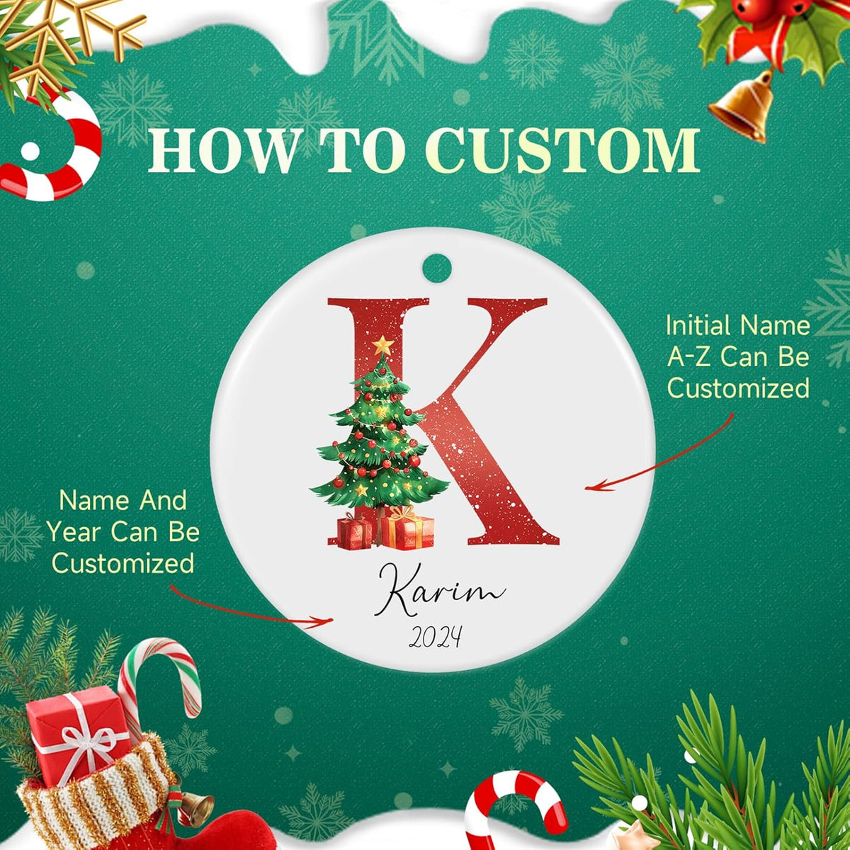 Personalized Christmas Ornaments 2025 Ceramic Custom Name Date Initial A-Z Monogram Christmas