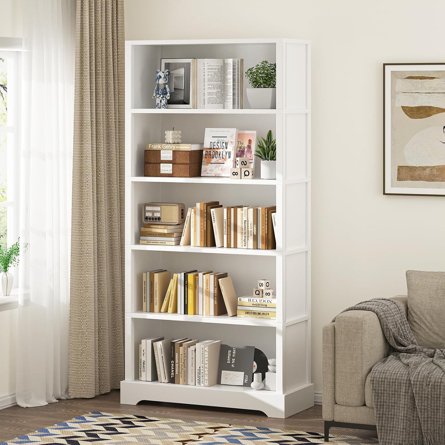 TVU 5-Shelf Wood Bookcase, 65 Inch Tall Bookshelf with Storage, Floor Standing Display Book