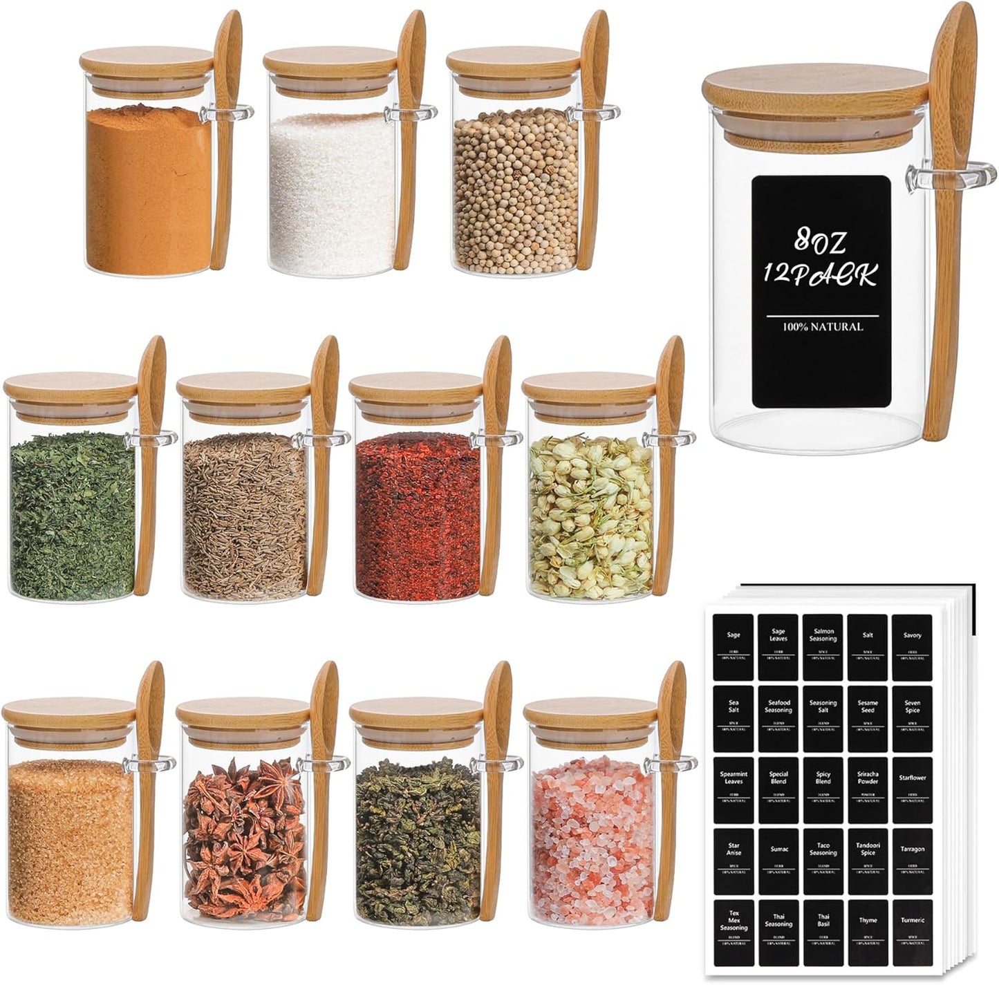 ComSaf 12 Pcs Glass Spice Jars and Spoons, 8oz Glass Containers with Bamboo Lids, Storage