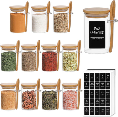 ComSaf 12 Pcs Glass Spice Jars and Spoons, 8oz Glass Containers with Bamboo Lids, Storage