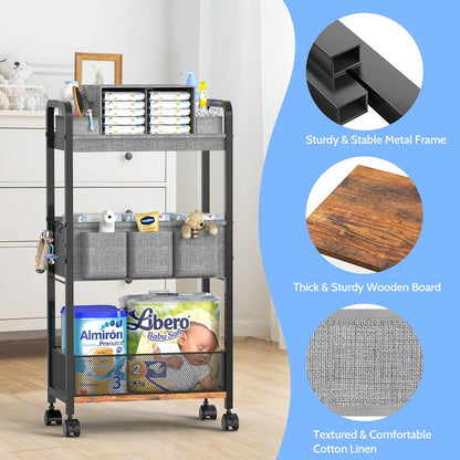 2In1 Baby Diaper Caddy & 3-Tier Rolling Diaper Cart, Caddy Organizer Cart with Dividers, Mobile