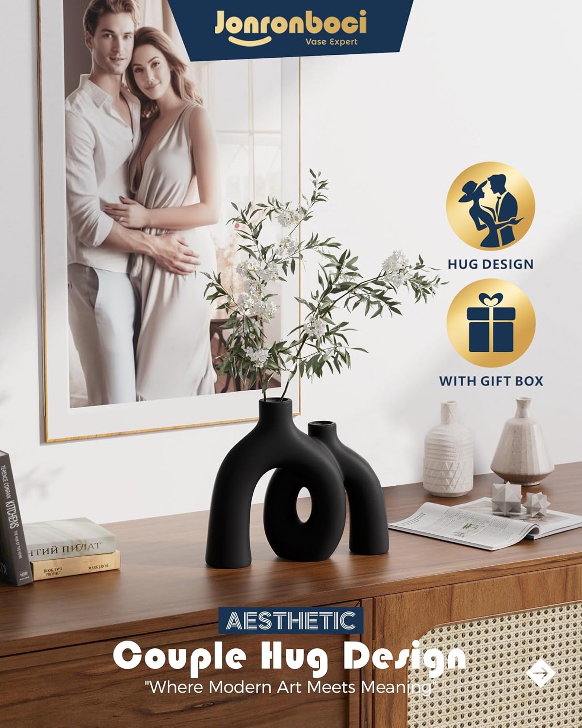Matte Black Vase Set - Hug Hollow Donut Aesthetic Ceramic Vases Home Decor, Modern Nordic