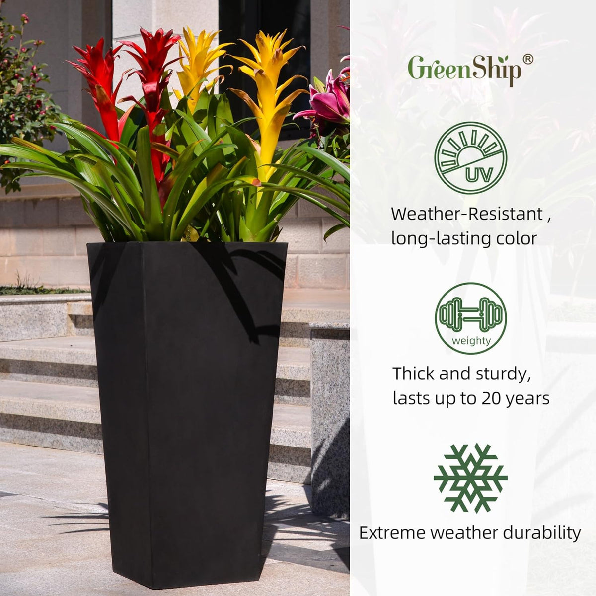 GreenShip 27" Tall Planters, Set of 2 – Black Outdoor Planter for Front Porch & Tall Plants