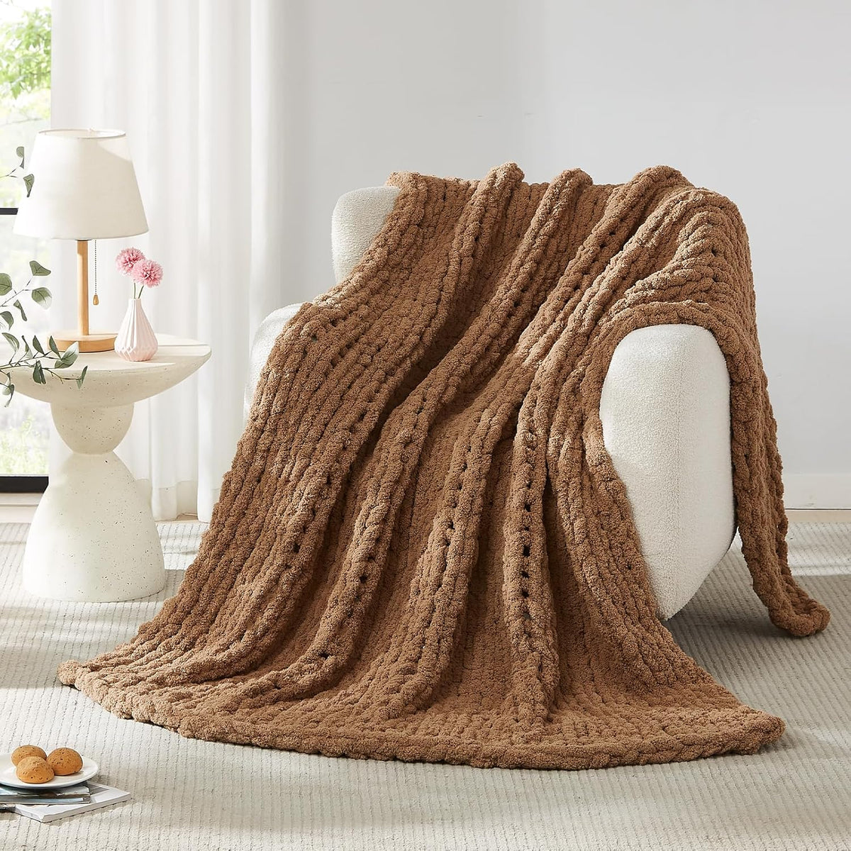 L'AGRATY Chunky Knit Blanket Throw: 72''x84'' Chenille Chunky Knitted Throw Blanket for Bed Couch