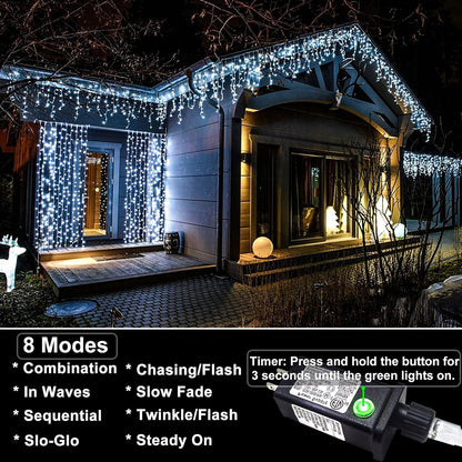 Icicle lights Outdoor - 33ft Christmas Lights with 400LED 75 Drops 8 Modes, Plug in Curtain String