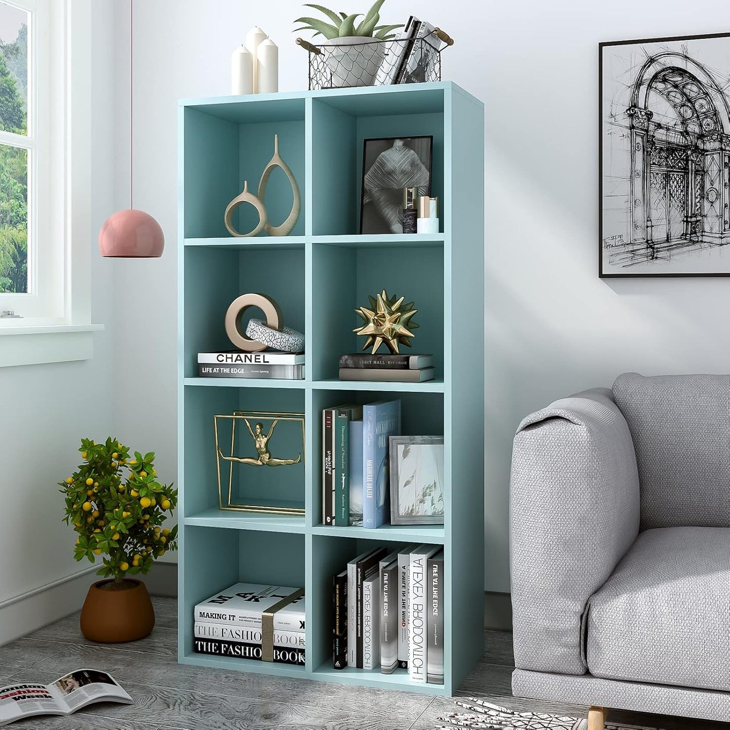 8-Cube Storage Shelf Bookcase - Wooden 4-Tier Floor Standing Open Bookshelf, Modern TV Stand up to
