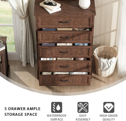 Farmhouse 5 Drawers Dresser for Bedroom, 44" Tall Brown dresser Wood Rustic Chest of Drawers with