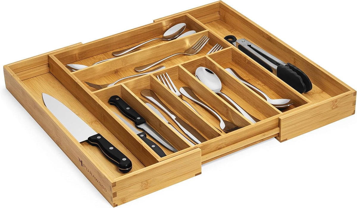 Bamboo Drawer Organizer, 2 Pack - Expandable Silverware Organizer & Utensil Drawer Organizer