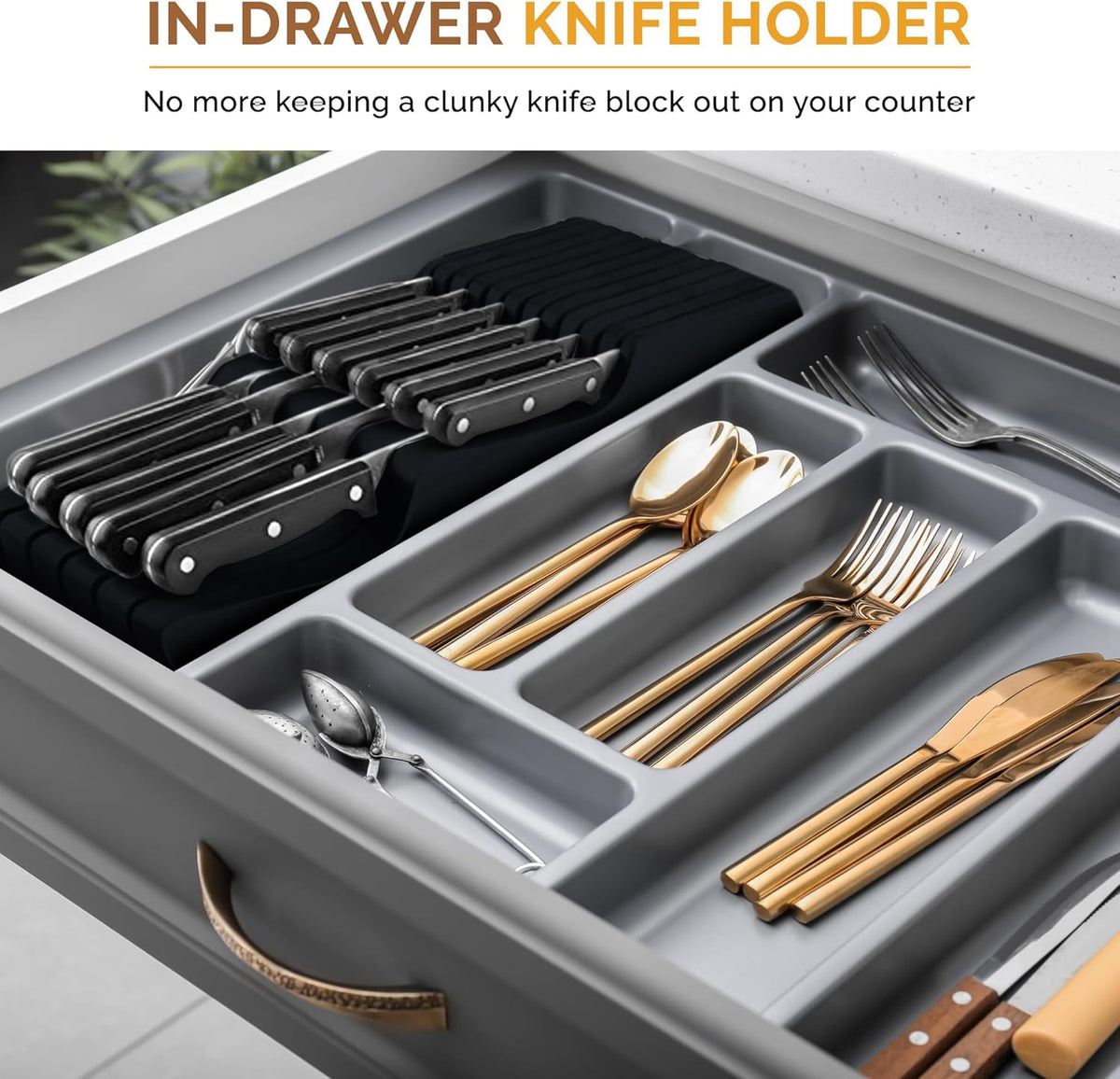In-Drawer Knife Block - Bamboo Knife Drawer Organizer for Kitchen - Fits 5 Long + 6 Short Knives |