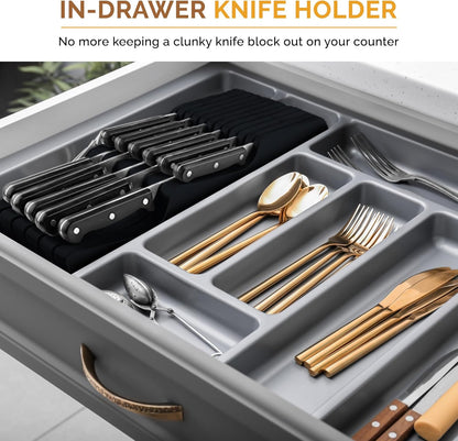 In-Drawer Knife Block - Bamboo Knife Drawer Organizer for Kitchen - Fits 5 Long + 6 Short Knives |
