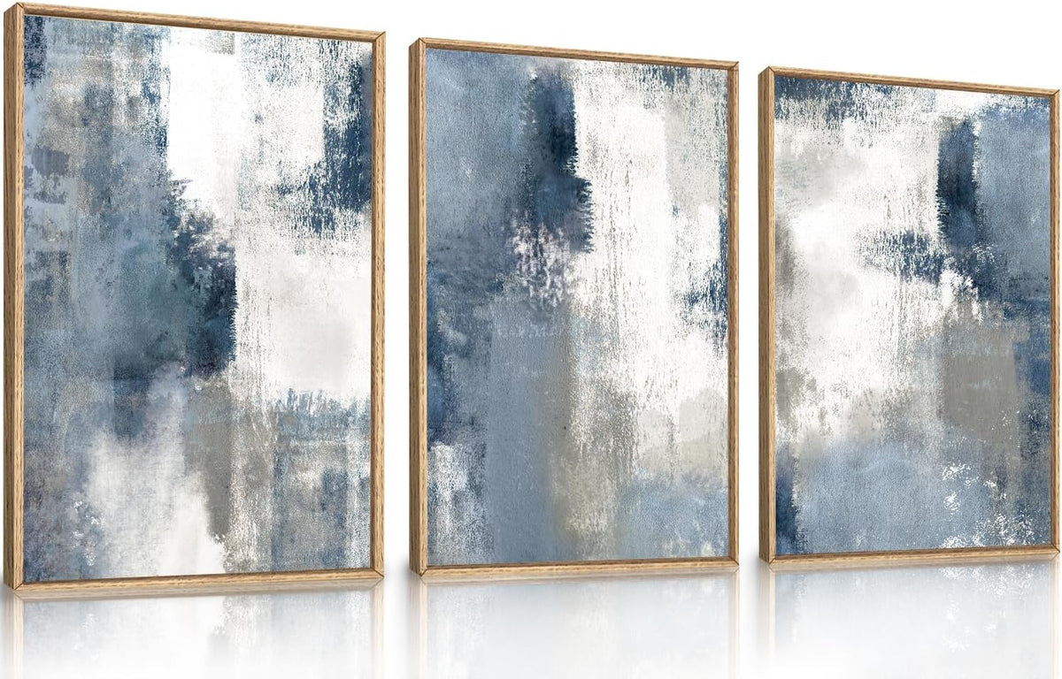 LHIUEM Large Abstract Brush Strokes Framed Canvas Wall Art Set,Navy Blue and Gray Wall Decor,Modern