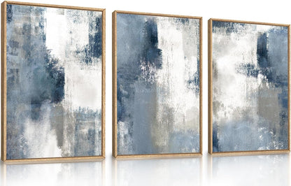 LHIUEM Large Abstract Brush Strokes Framed Canvas Wall Art Set,Navy Blue and Gray Wall Decor,Modern