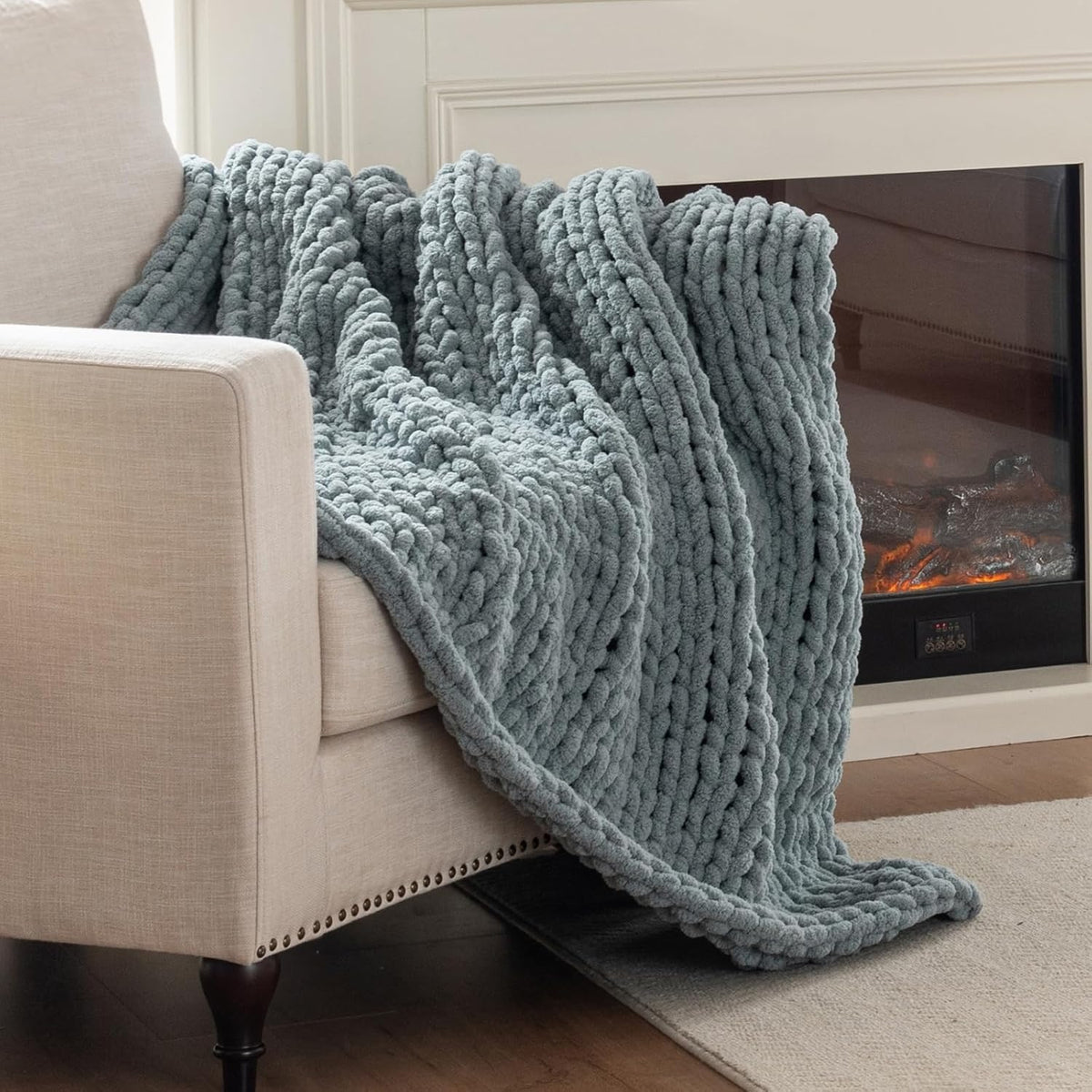 Chunky Knit Blanket Throw, 100% Hand Knit Throw Blanket Handmade Chenille Cable Knit Throw for